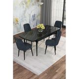 Shoovvel Mona Siyah Mermer 80X132 Açılabilir Mdf Masa Yemek Odası Takımı, Mutfak Takımı 4 Adet Sandalye Siyah Mermer - 4 Antrasit - Siyah Ayak
