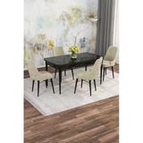 Shoovvel Mona Siyah Mermer 80X132 Açılabilir Mdf Masa Yemek Odası Takımı, Mutfak Takımı 4 Adet Sandalye Siyah Mermer - 4 Krem - Siyah Ayak