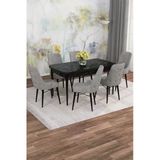 Shoovvel Mona Siyah Mermer Desen 80X132 Açılabilir Mdf Masa Yemek Odası Takımı, Mutfak Takımı 6 Adet Sandalye Siyah Mermer - 6 Gri - Siyah Ayak