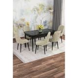 Shoovvel Mona Siyah Mermer Desen 80X132 Açılabilir Mdf Masa Yemek Odası Takımı, Mutfak Takımı 6 Adet Sandalye Siyah Mermer - 6 Krem - Siyah Ayak