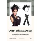 shop 1920'ler İkili Gatsby Aksesuar Seti- Siyah Flapper Tüy Saç Bandı ve Uzun Eldiven