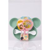 SHOP AND JOY Maymun Figürlü Bölmeli Yeşil Bebek Mama Tabağı Seti - Çatal Kaşıklı BPA İçermez Beslenme Seti