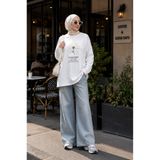 ShopFast Önü Çiçek Nakışlı Bisiklet Yaka Penye Tunik-Swaet-Beyaz