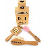 Shopfocus Kişiye Özel Isimli-Bebek Çıngırak-Bebek Saç Fırçası Keçi Kılı-Bebek Mama Çocuk Yemek Kaşığı-Bebek Anı KÜPÜ-%100 Doğal Organik Ahşap Full Ahşap Set-Yeni Doğan-Hediyelik-Doğum Hediyesi - Bej