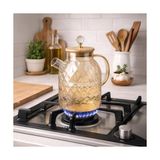 Shoplet 1600 ml Desenli Isıya Dayanıklı Cam Demlik - Ahşap Kapaklı, Gold Detaylı Büyük Boy Borosilikat Çaydanlık