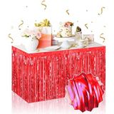 Shoplet Kendinden Yapışkanlı Kırmızı Metalize Püsküllü Masa Eteği