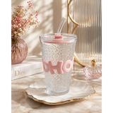 Shopping Fashion Cam Bardak Pipetli Kupa Pembe Silikon Detaylı Soğuk Içecek Bardağı 500 ml