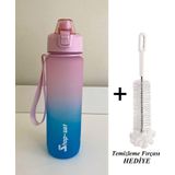 Shopset 1000 Ml Tritan Motivasyonlu Su Matarası Süzgeçli Ve Pipetli (Pembe-Turkuaz Mavi)