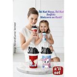Shopwave Çocuk Pipetli Bardak Seti 2'li Unicorn & Kedi Figürlü İkili Eğlenceli Kapaklı Suluk Matara 300 ml
