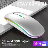 Shopy Tech Çift Mod Kablosuz Mouse Bluetooth 5.2 + 2.4G Şarjlı Sessiz Tıklama Rgb Işıklı (500 Mah)Gümüş