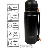 Shotay 1.2l 304 Paslanmaz Çelik Termos – Çift Katman Vakum, 24H Isı Koruma, Omuz Askılı Outdoor - Siyah - 1,2 lt