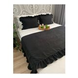 shules collection Siyah Fırfırlı Yatak Runner Kırlent Seti Yatak Şalı Yatak Örtüsü Set Çift Kişilik