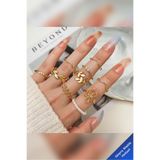 Si moda Gold Renk 10’lu Modern Tasarım İnci & Yaprak Detaylı Eklem Yüzük Seti