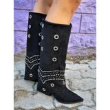Siba Shoes Skadi Zımba ve Halka Detaylı Süet Siyah Kadın Çizme