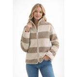 Sibel Günay Butik Bej Krem Çizgili Fermuarlı Kadın Polar Sweatshirt - Standart - Bej - Krem