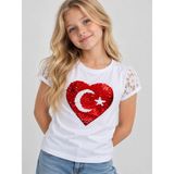 Sibel Günay Butik Beyaz Ay Yıldız Kalp Payetli Pullu Tül Kollu %100 Pamuk Kız Çocuk Badi Tişört - 11 Yaş
