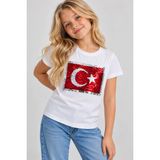 Sibel Günay Butik Beyaz Kırmızı Ay Yıldız Pullu Payetli %100 Pamuk Kız Çocuk Badi Tişört - 11 Yaş