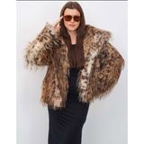 Sibel Günay Butik Kadın Şal Yaka Saçaklı Leopar Desen Kürk Mont | Astarlı – Çıtçıt Kapamalı – Çift Cepli