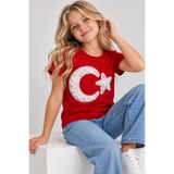 Sibel Günay Butik Kırmızı Beyaz Kabartma Pullu Tüllü Ay Yıldızlı %100 Pamuk Kız Çocuk Tişört