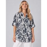 Sibel Günay Butik Lacivert Beyaz Şal Desenli %100 Pamuk Etamin Dokulu Hakim Yaka Cepli Kadın Gömlek Tunik 65 cm - Standart - Lacivert - Beyaz