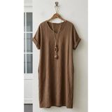 SİBELİZE Büyük Beden Camel Bohem Esintili Kendinden Kolyeli Salaş Elbise