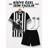 Sidas Isim Yazılır Kartal Desen Siyah-Beyaz Siyah Şort Çocuk Futbol Forması Takımı Çorap Hediyeli - 7 - 8 Yaş - Siyah - Beyaz