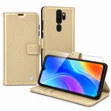 SİDE EYE Oppo A9 2020 İle Uyumlu Cüzdanlı Kartlıklı Standlı Kapaklı Suni Deri Telefon Kılıfı ve Ekran Koruyucu Cam Seti - Altın Rengi