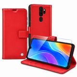 SİDE EYE Oppo A9 2020 İle Uyumlu Cüzdanlı Kartlıklı Standlı Kapaklı Suni Deri Telefon Kılıfı ve Ekran Koruyucu Cam Seti - Kırmızı