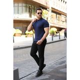 Sidelya Concept Erkek Örgü Desen Yakalı Kısa Kollu Triko Tişört - Lacivert - 2XL