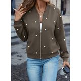 Sidelya Concept Kadın Uzun Kollu Önden Fermuarlı Incili Kısa Modal Ceket - L - XL - Bej