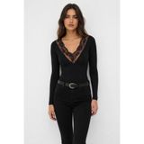 Sienza Kadın Siyah Dantel Detaylı V Yaka Uzun Kollu Slim Fit Bluz