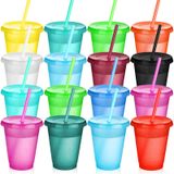 Sieral Pipetli ve Kapaklı Bardaklar Çocuk Bardak Hasır Yeniden Kullanılabilir Su Şişesi Buzlu Kahve Seyahat Kupası Bardak Yetişkinler için Plastik Partiler Doğum Günleri 463 ml (Parlak Renkler, 15'li Paket)