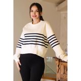 Sıfır Yaka Çizgili Ekru Kadın Sweatshirt W0011370-2K5