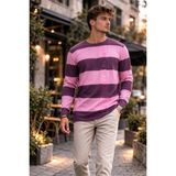SiFu Tekstil Erkek Pembe Mürdüm Çizgili Sıfır Yaka Önü İntersiye Püsküllü Triko Kazak – Modern Tasarım - 01P-Pembe - S - M