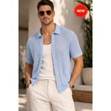 SiFu Tekstil Erkek Polo Yaka Ajurlu Triko Tişört Yazlık Örgü Düğmeli Modern Triko - Açık Mavi - L - XL