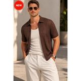 SiFu Tekstil Erkek Polo Yaka Ajurlu Triko Tişört Yazlık Örgü Düğmeli Modern Triko - Kahverengi - S - M