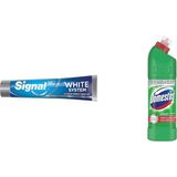 Signal White System Diş Macunu Original 2 Haftada Daha Beyaz Dişler 75 ml(1) Domestos Yoğun Kıvamlı Çamaşır Suyu Maksimum Hijyen Dağ Esintisi, 750 ml(4)