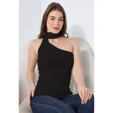 Şiir Glaud Kadın Yumuşak Dokulu Tek Omuz Büzgülü Boyun Bağcıklı Esnek Jakar Örme Basic Top & Bluz - Siyah