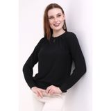 Şiir Harare Kadın Büzgülü Damla Yaka Düğmeli Örme Jakar Esnek Uzun Kollu Bluz & Tesettür Bluz - Siyah