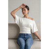 Şiir PAKSE Slim Fit Kayık Yaka Bele Oturan Geniş Kollu Dokulu Jakar Top & Kadın Bluz - Ekru