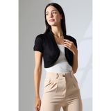 Şiir Puzi Kadın Slim Fit Oval Etek Ajur Desenli Kısa Kollu Omuzları Büzgülü Kısa Hırka & Bolero - Siyah