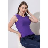 Şiir Shine Kadın Slim Fit Sıfır Yaka Ay Kol Esnek Basic Minik Puantiye Jakarlı Penye Bluz - Mor