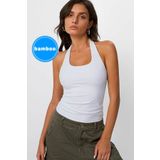 Şiir Sibut Kadın Boyundan Geçmeli Bambu Halter Yaka Tulum Top & Bluz - Beyaz