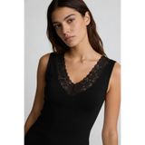 Şiir Tekstil KAYES Slim Fit Dantel V Yakalı Kolsuz Ajurlu Kadın Top & Bluz - Siyah