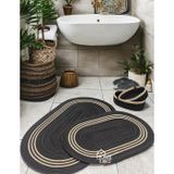 Şık Banyo Tasarımı Jüt Hasır Paspas Seti 2 Adet Paspas 2 Adet Sepet Organizer Çizgi Desen Paspası Takımı Kapı Lavabo Klozet Paspası Havlu Sepeti (SİYAH-BEJ ÇİZGİ, 45 X 70 CM, 65 X 105 CM)