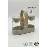 Şık Cam Tuzluk Seti, Click Kapaklı, 100 Ml, Taş Rengi, Standlı Baharatlık - Seçenek 1