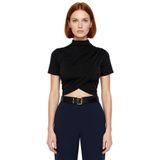 Şık Dik Yaka Crop Bluz Örme Kumaş Kruvaze Yazlık Modern Stil Rahat Ve Özel Tasarım_Siyah-2XS