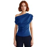 Şık Dökümlü Örme Bluz Asimetrik Yaka Kısa Kol Regular Kalıp Özel Tasarım Modern Stil_Saks-XS
