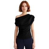 Şık Dökümlü Örme Bluz Asimetrik Yaka Kısa Kol Regular Kalıp Özel Tasarım Modern Stil_Siyah-XS