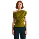 Şık Dökümlü Örme Bluz Asimetrik Yaka Kısa Kol Regular Kalıp Özel Tasarım Modern Stil_Yağ Yeşil-XS